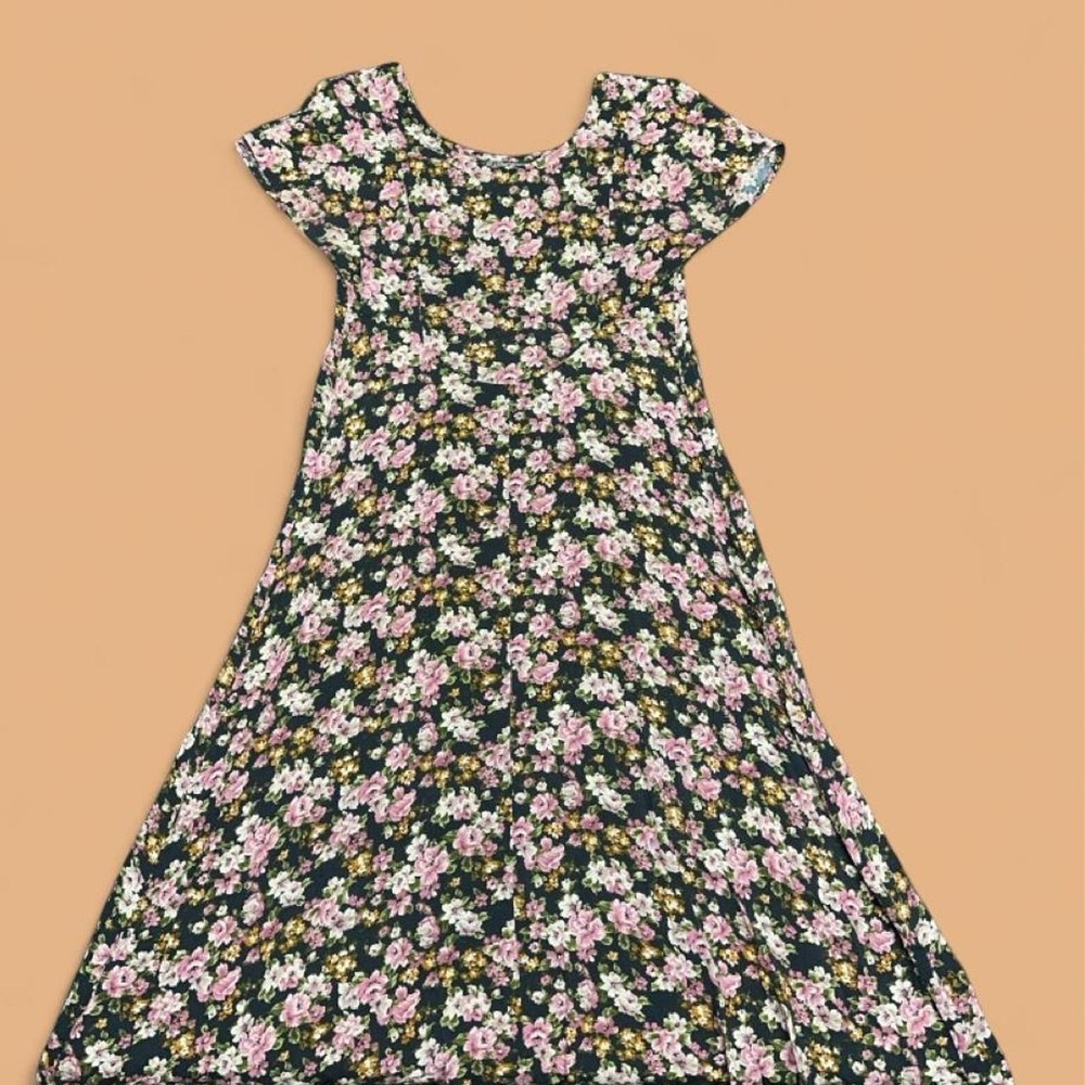 Vintage All That Jazz Midi Dress 7/8 Black Pink Floral 90s Rayon Scoop Neck
